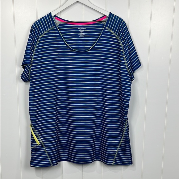 Reel Legends Womens Rash Guard 2X Blue Lime Stripes Stretch Zip Pocket 100% Poly - Picture 1 of 11